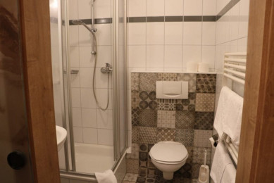 Badezimmer mit Duschkabine, Waschbecken, WC, Glasschiebetüre mit Motivbeschichtung