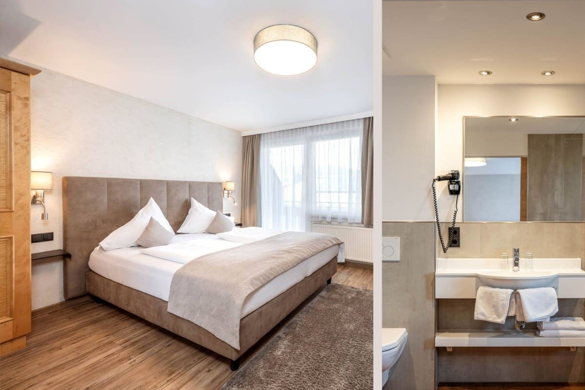 dopelzimmer-balkon-radstadt-hotel-stegerbraeu-wohnbeispiel-mit-bad Doppelzimmer mit Balkon im Hotel Stegerbräu in Radstadt - Teilansicht vom Zimmer mit Doppelbett und vom Badezimmer