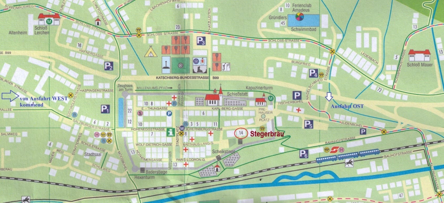 Skizze vom Stadtplan - Zentrum Radstadt mit Parkmöglichkeiten außerhalb der Stadtmauer